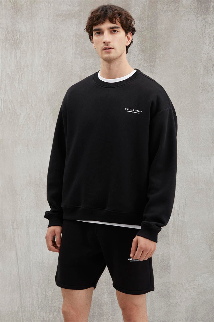 BRYAN Basic Relaxed Siyah Tekli Sweatshirt