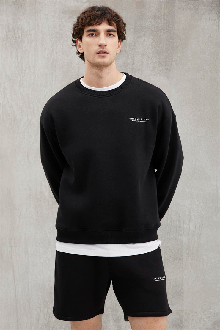 BRYAN Basic Relaxed Siyah Tekli Sweatshirt
