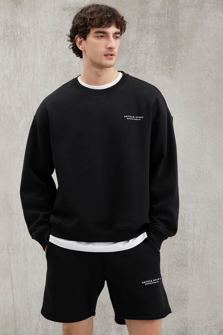 BRYAN Basic Relaxed Siyah Tekli Sweatshirt