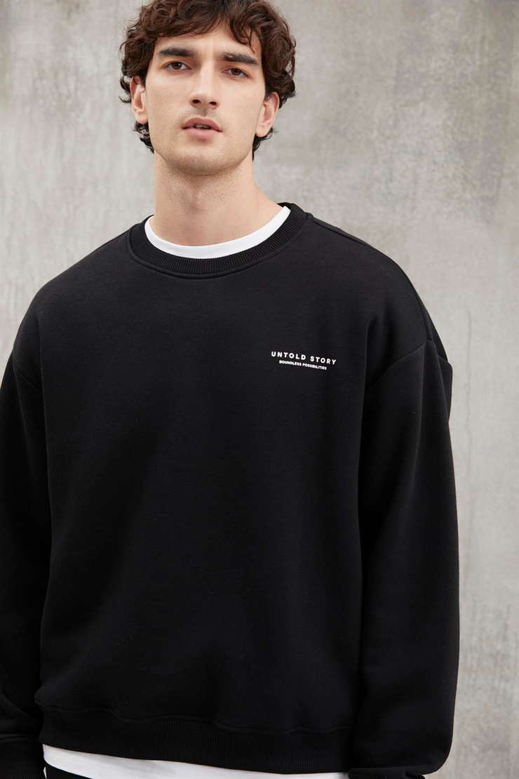 BRYAN Basic Relaxed Siyah Tekli Sweatshirt