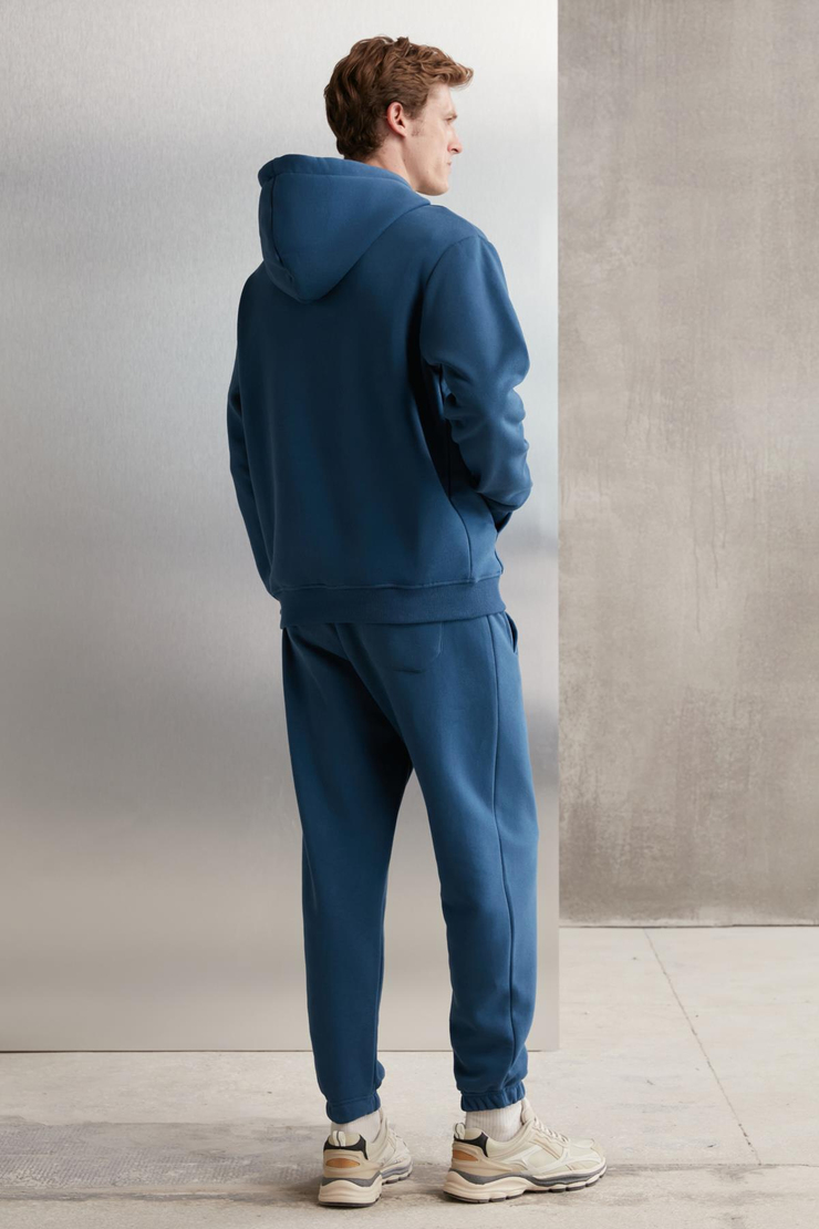 BRYANER Erkek Yumuşacık İçi Polarlı Baskılı Regular Kordonlu Mavi Sweatshirt