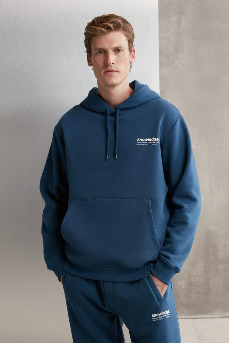 BRYANER Erkek Yumuşacık İçi Polarlı Baskılı Regular Kordonlu Mavi Sweatshirt