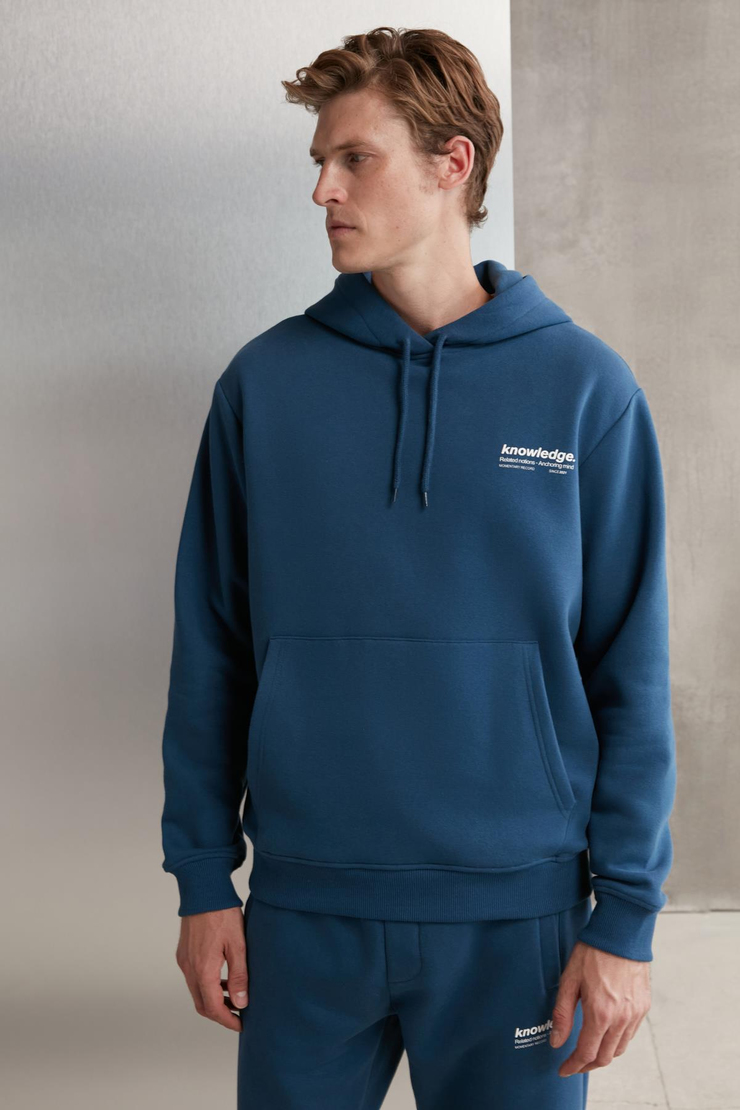 BRYANER Erkek Yumuşacık İçi Polarlı Baskılı Regular Kordonlu Mavi Sweatshirt
