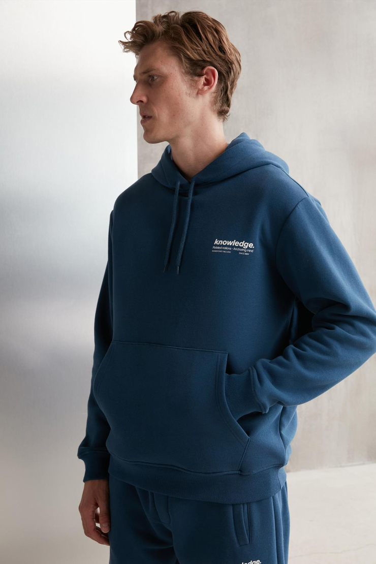 BRYANER Erkek Yumuşacık İçi Polarlı Baskılı Regular Kordonlu Mavi Sweatshirt