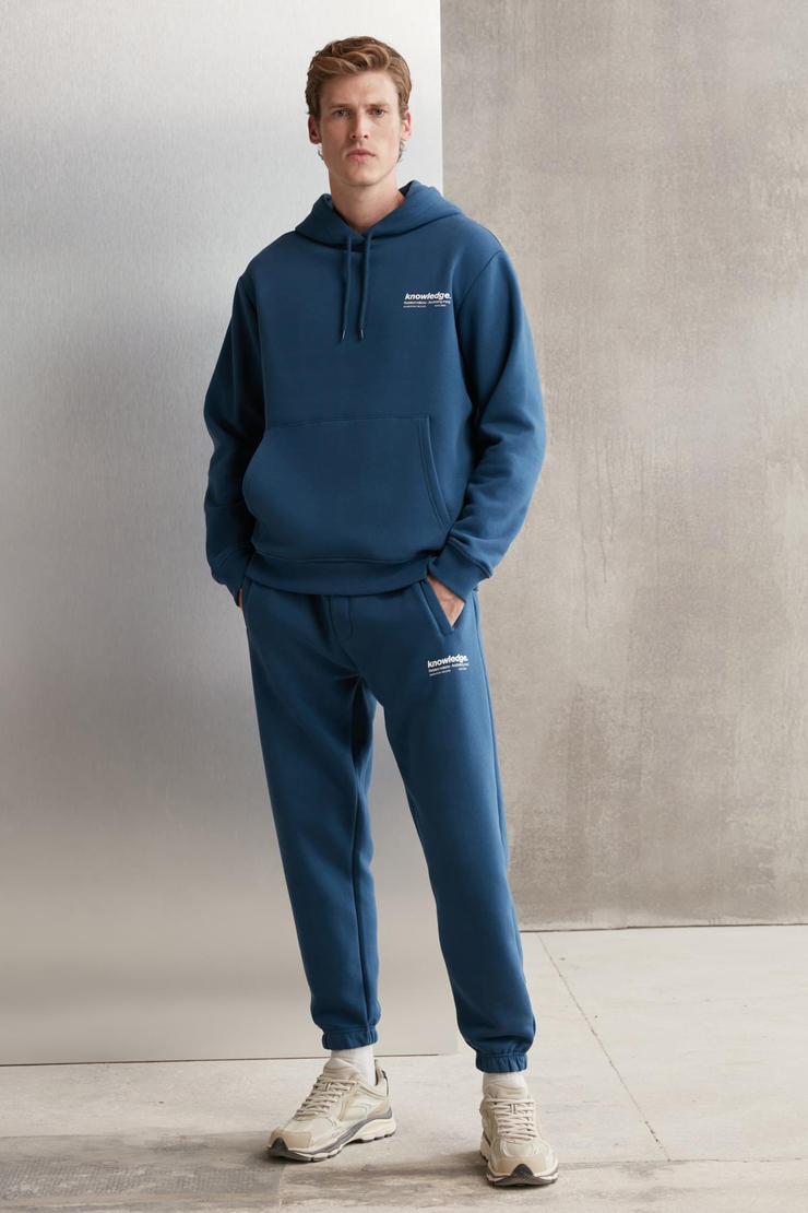 BRYANER Erkek Yumuşacık İçi Polarlı Baskılı Regular Kordonlu Mavi Sweatshirt
