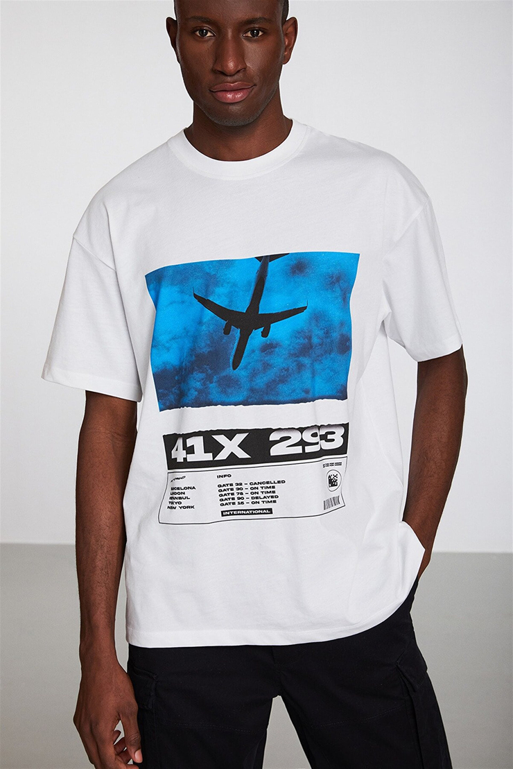 BRYANT Erkek Mavi Baskılı Yuvarlak Yaka Oversize T-Shirt