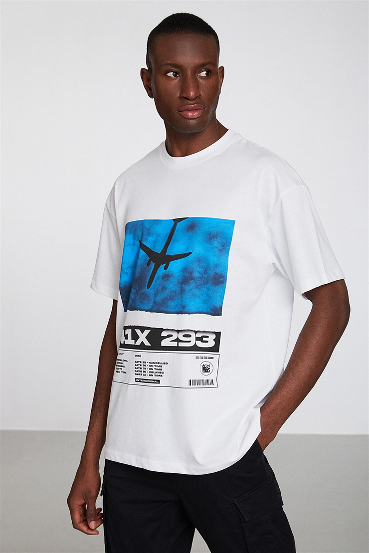 BRYANT Erkek Mavi Baskılı Yuvarlak Yaka Oversize T-Shirt