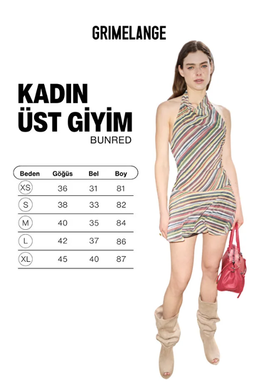 BUNRED Kadın Degaje Yakalı Çizgili  Mesh Kumaşlı Sırt Dekolteli Mini Bordo-Çizgili Elbise
