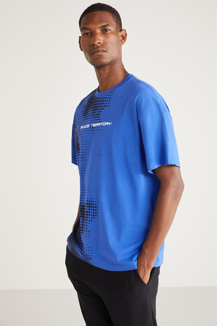 BURTON Basic Oversize Saks Mavi Tekli T-Shirt