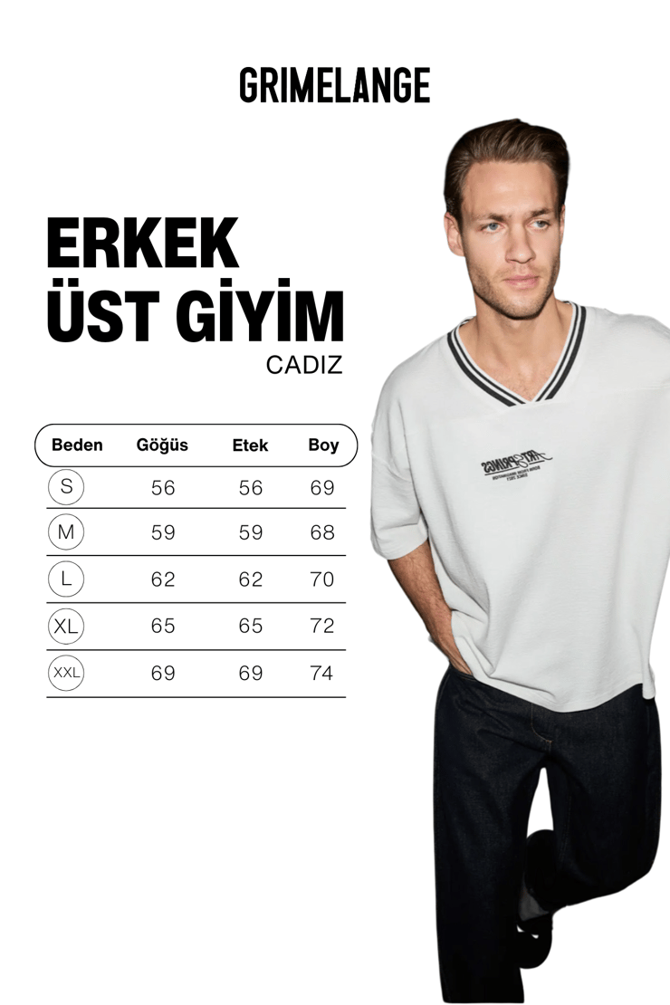 CADIZ Erkek %100 Organik Pamuklu Kontrast V Yakalı Nakış Detaylı Beyaz T-Shirt