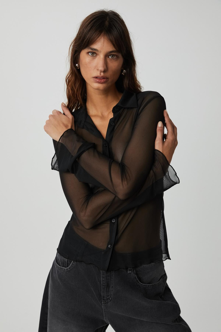 CAITLIN Kadın Slim Fit Uzun Kollu Siyah Gömlek