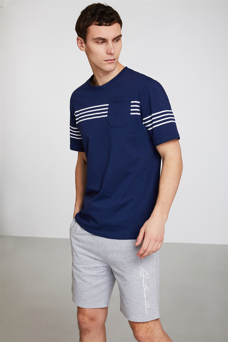 CALEB Erkek Lacivert Çizgili Yuvarlak Yaka Comfort Fit T-Shirt