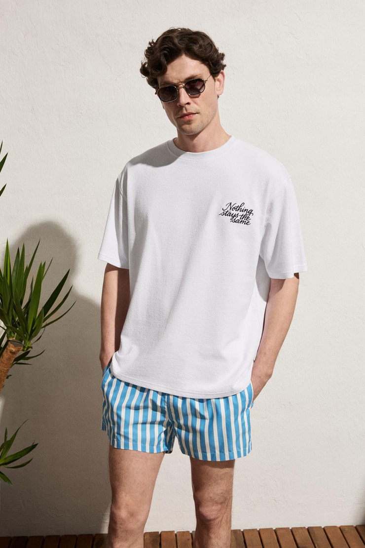 CALIDO Erkek Organik Pamuklu Baskı Ve Nakışlı Bisiklet Yaka Oversıze Beyaz T-Shirt
