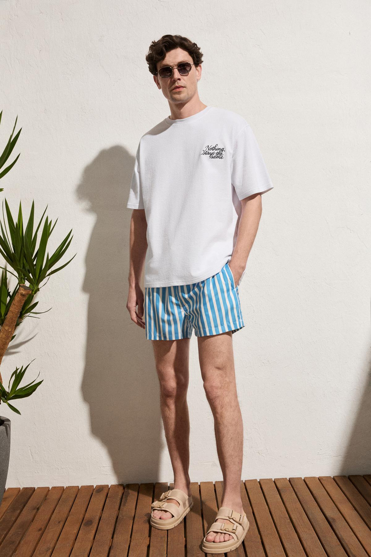 CALIDO Erkek Organik Pamuklu Baskı Ve Nakışlı Bisiklet Yaka Oversıze Beyaz T-Shirt