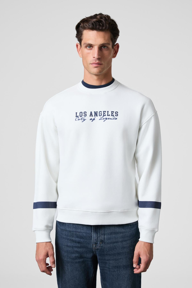CAMDEN Erkek Önü Kolları Ve Sırtı Baskılı Oversize Fit Bisiklet Yaka Beyaz Sweatshirt