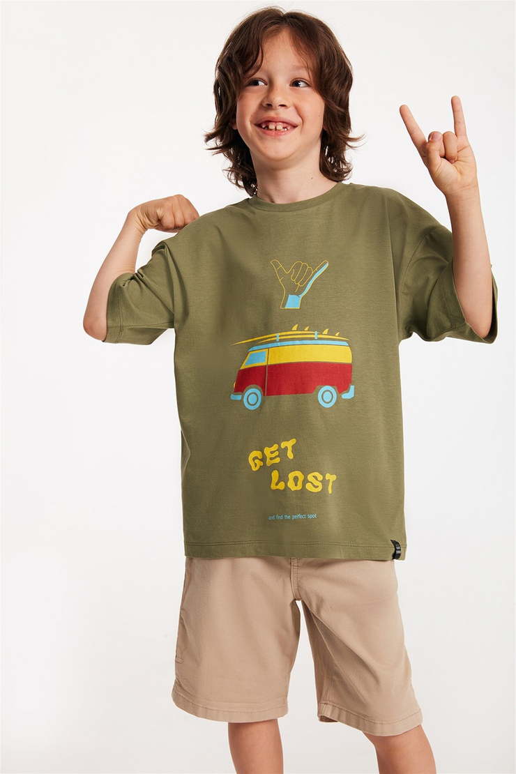 CAMPER Çocuk Haki Baskılı Yuvarlak Yaka Comfort Fit T-Shirt