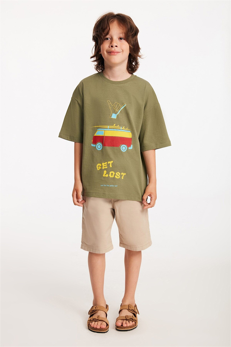 CAMPER Çocuk Haki Baskılı Yuvarlak Yaka Comfort Fit T-Shirt