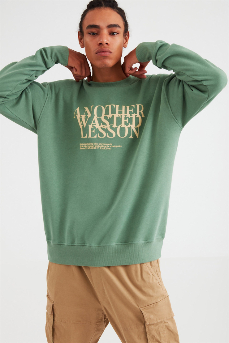 CANCEL Erkek Koyu Yeşil Baskılı Yuvarlak Yaka Comfort Fit Sweatshirt