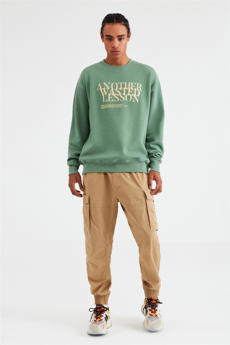 CANCEL Erkek Koyu Yeşil Baskılı Yuvarlak Yaka Comfort Fit Sweatshirt
