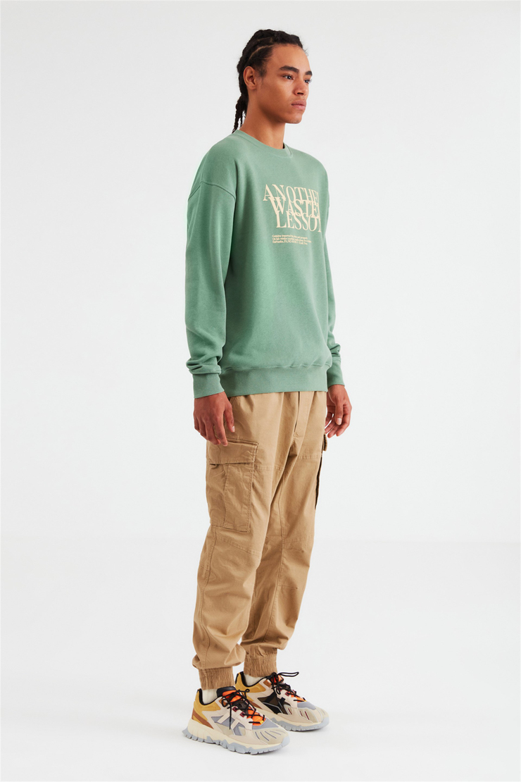 CANCEL Erkek Koyu Yeşil Baskılı Yuvarlak Yaka Comfort Fit Sweatshirt