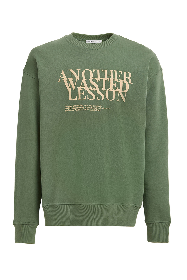 CANCEL Erkek Koyu Yeşil Baskılı Yuvarlak Yaka Comfort Fit Sweatshirt