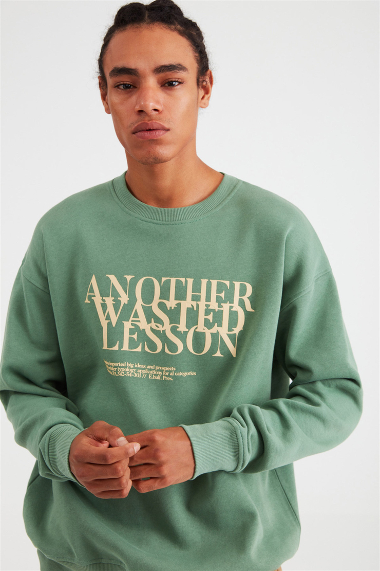 CANCEL Erkek Koyu Yeşil Baskılı Yuvarlak Yaka Comfort Fit Sweatshirt