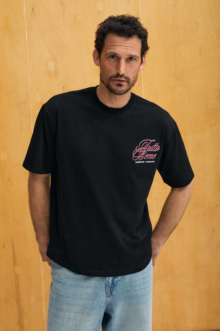 CAPISO Erkek %100 Organik Pamuklu Baskı Detaylı Regular Fit Yuvarlak Yaka Siyah T-Shirt
