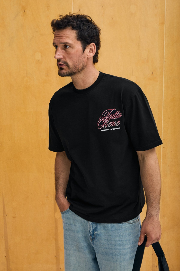 CAPISO Erkek %100 Organik Pamuklu Baskı Detaylı Regular Fit Yuvarlak Yaka Siyah T-Shirt