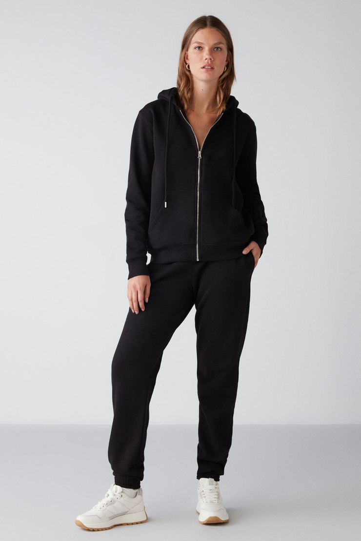 CARLOTA Kadın Yumuşacık İçi Polarlı 3 İplik Relaxed Kapüşonlu Fermuarlı Siyah Sweatshirt