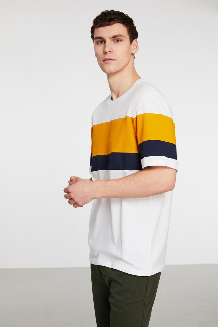 CARRIE Beyaz Erkek Renk Bloklu Yuvarlak Yaka     Comfort Fit T-Shirt