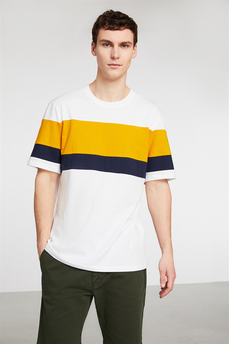 CARRIE Beyaz Erkek Renk Bloklu Yuvarlak Yaka     Comfort Fit T-Shirt