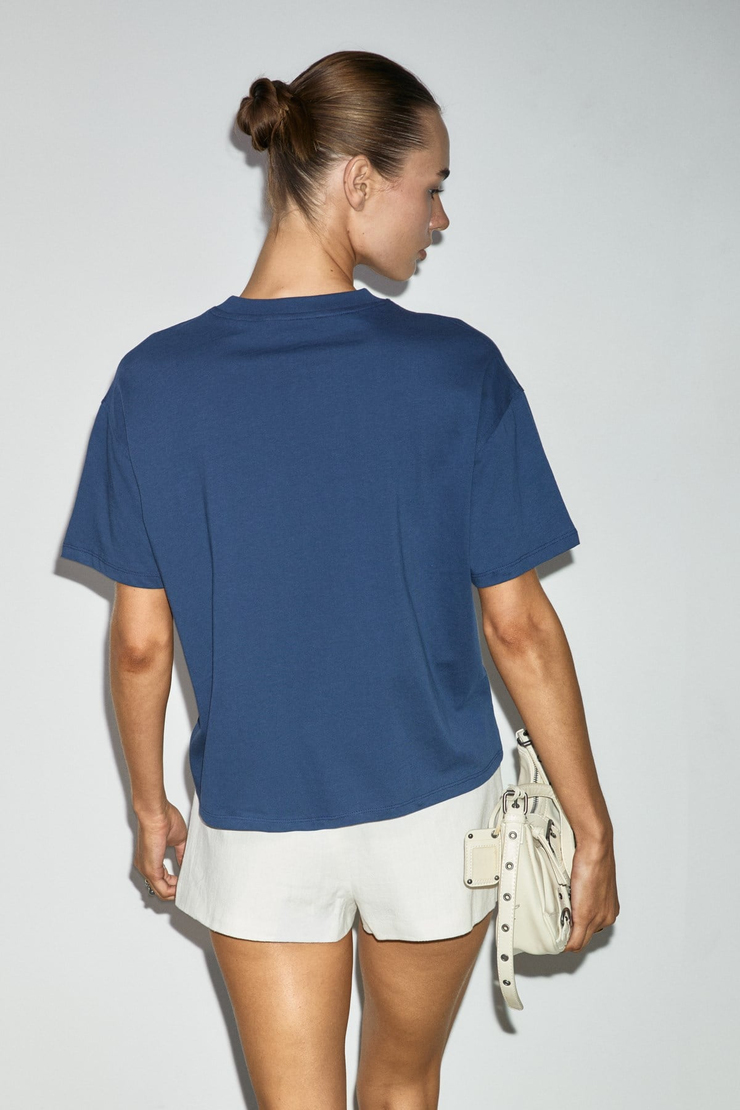 CASCAIS Kadın %100 Organik Pamuklu Patch Detaylı Regular Fit Lacivert T-Shirt