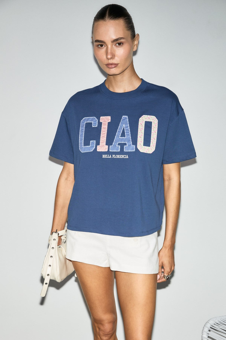 CASCAIS Kadın %100 Organik Pamuklu Patch Detaylı Regular Fit Lacivert T-Shirt