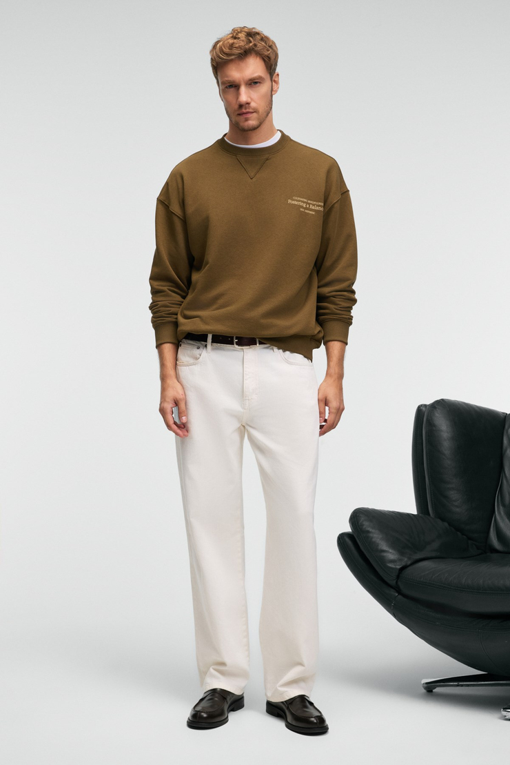 CASPIAN Erkek %100 Pamuk Bisiklet Yaka Karyoka Dikişli Baskılı Haki Sweatshirt