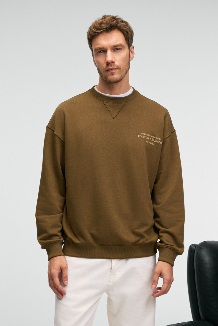 CASPIAN Erkek %100 Pamuk Bisiklet Yaka Karyoka Dikişli Baskılı Haki Sweatshirt