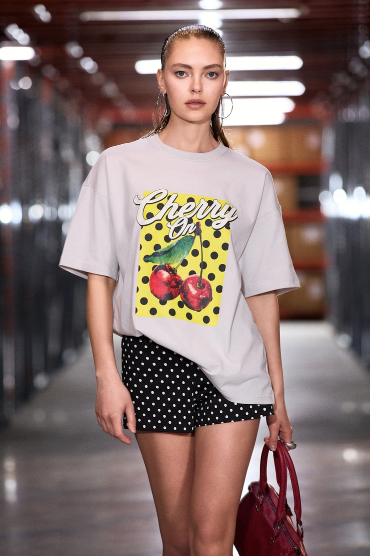 CASSIANE Kadın Bisiklet Yaka Kısa Kollu Ön Ve Arka Baskılı Regular Gri T-Shirt
