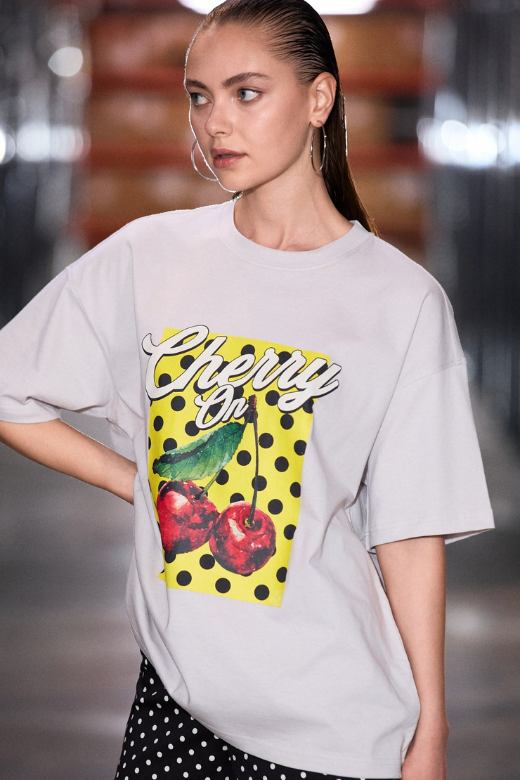 CASSIANE Kadın Bisiklet Yaka Kısa Kollu Ön Ve Arka Baskılı Regular Gri T-Shirt