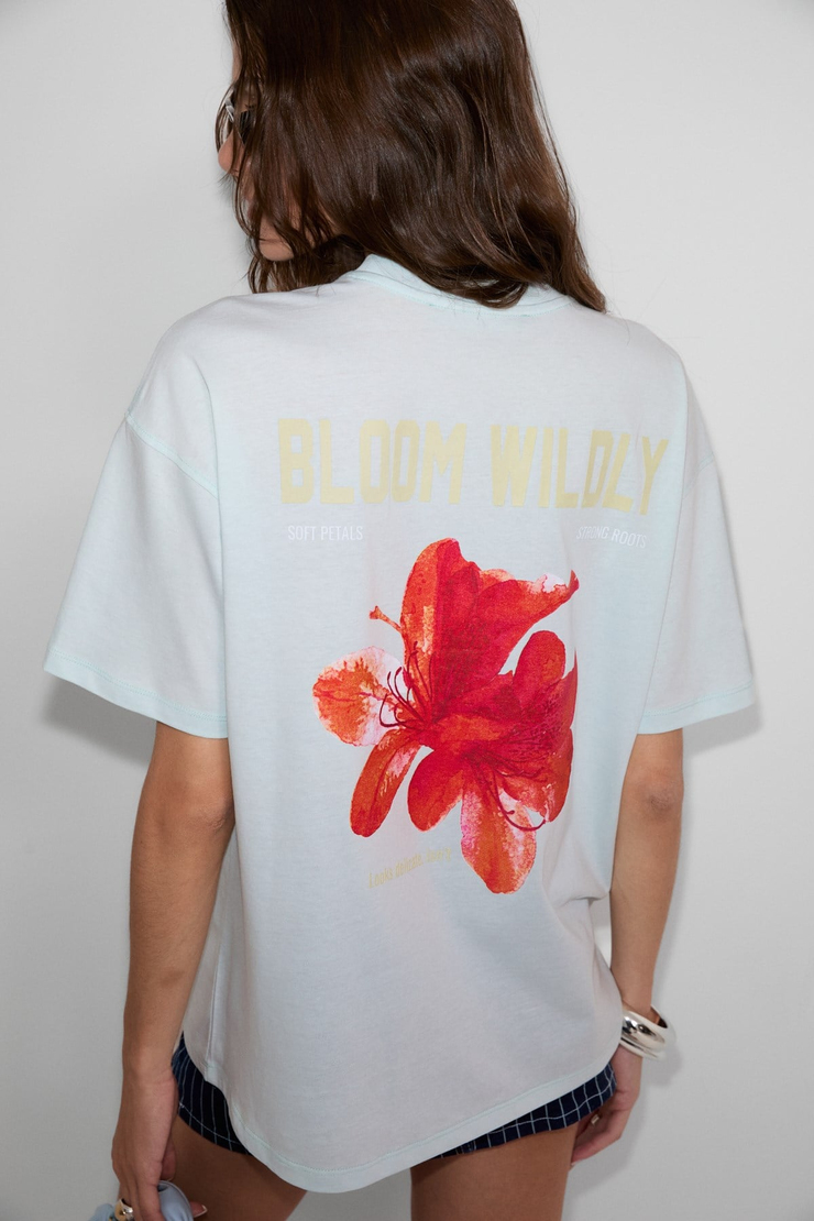 CASSIANE Kadın Bisiklet Yaka Kısa Kollu Ön Ve Arka Baskılı Regular Açık Mavi T-Shirt
