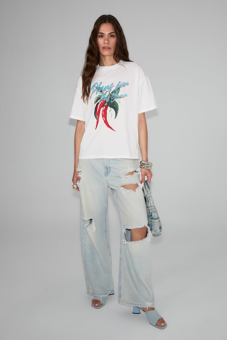 CASSIANE Kadın Bisiklet Yaka Kısa Kollu Ön Ve Arka Baskılı Regular Beyaz T-Shirt