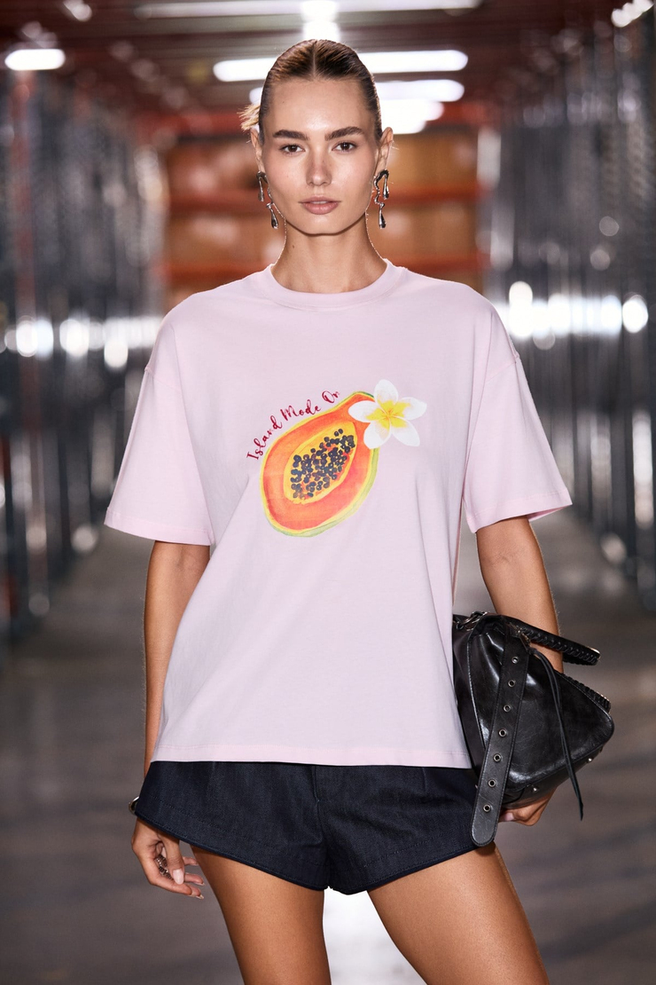 CASSIANE Kadın Bisiklet Yaka Kısa Kollu Ön Ve Arka Baskılı Regular Pembe T-Shirt