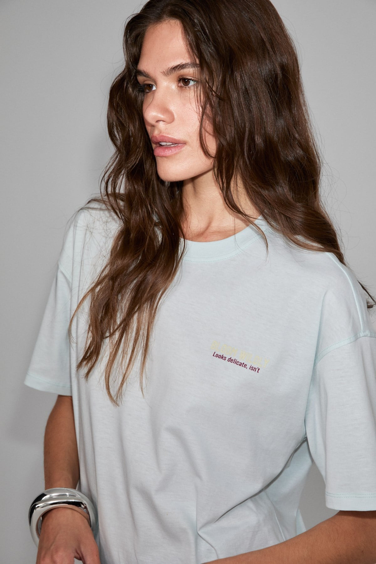CASSIANE Kadın Bisiklet Yaka Kısa Kollu Ön Ve Arka Baskılı Regular Açık Mavi T-Shirt