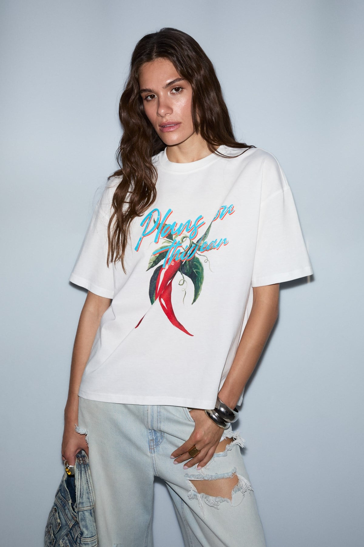 CASSIANE Kadın Bisiklet Yaka Kısa Kollu Ön Ve Arka Baskılı Regular Beyaz T-Shirt