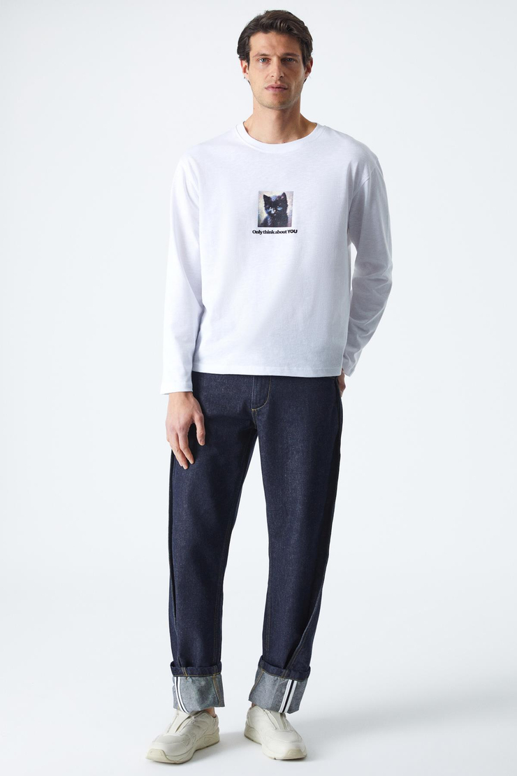CAT Erkek Baskı Detaylı %100 Organik Pamuk Comfort Fit Beyaz T-Shirt