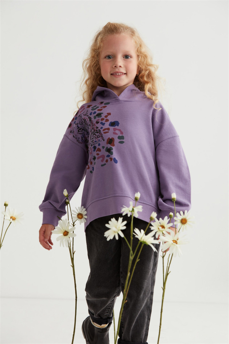 CATTY Çocuk Mor Baskılı Yuvarlak Yaka Oversize Sweatshirt
