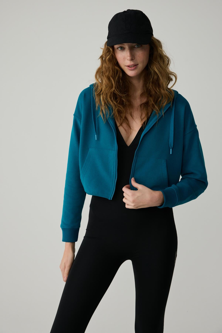 CHARISMA Kadın Kapüşonlu Relaxed Fermuarlı Baskı Detaylı Mavi Sweatshirt
