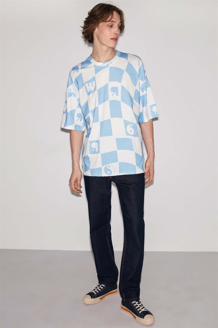 CHECK Örme Oversize Mavi  T-Shirt