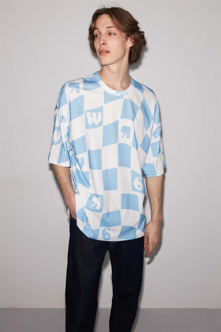 CHECK Örme Oversize Mavi  T-Shirt