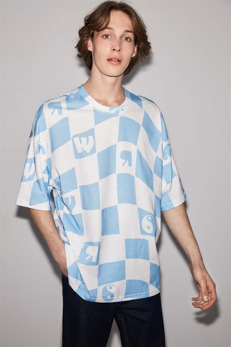 CHECK Örme Oversize Mavi  T-Shirt