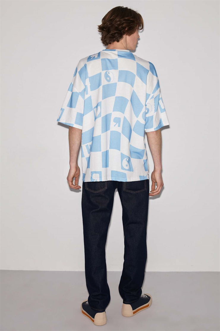 CHECK Örme Oversize Mavi  T-Shirt