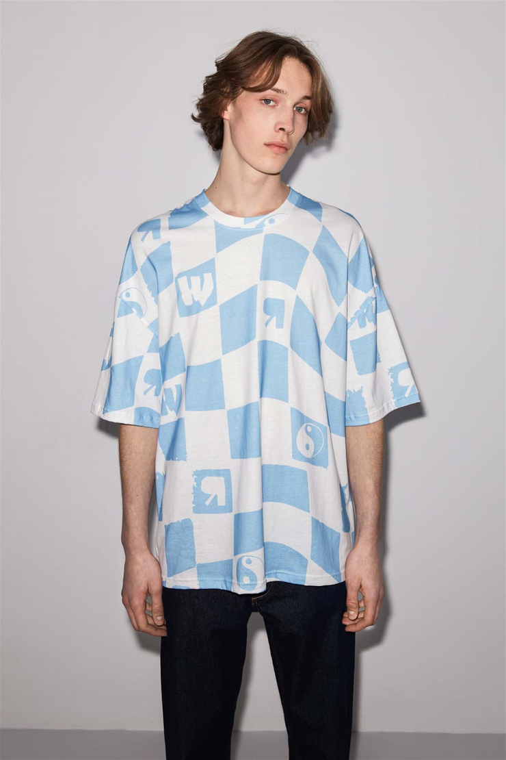 CHECK Örme Oversize Mavi  T-Shirt